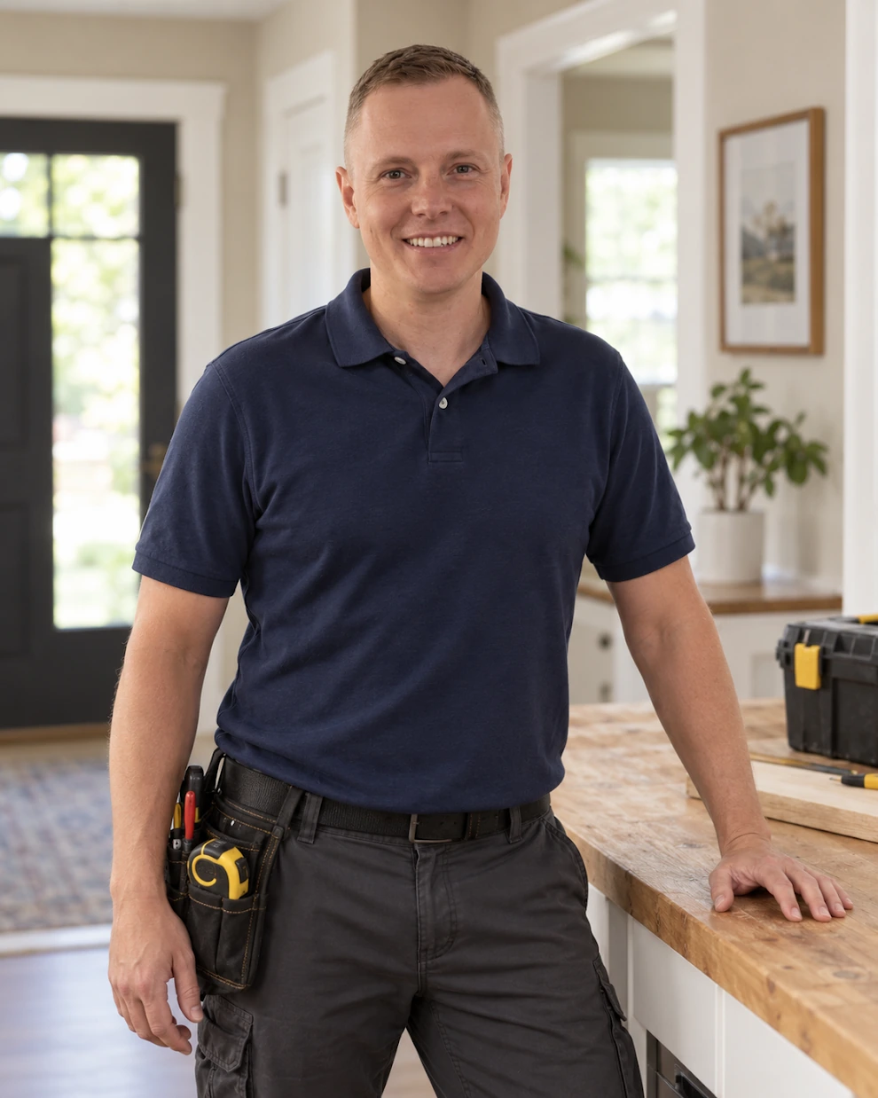 Gary standing beside a workbench in a bright home interior