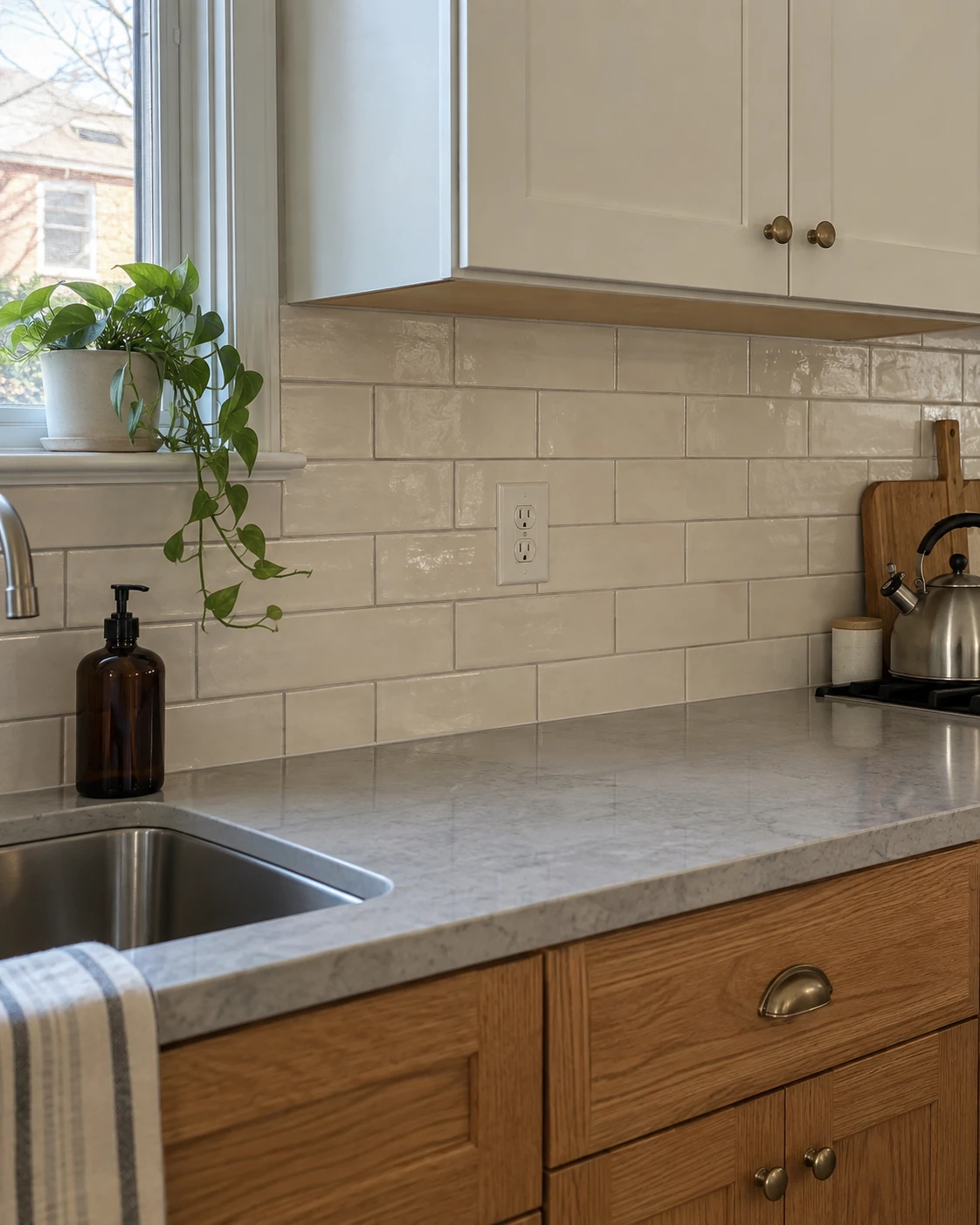 Ivory ceramic backsplash tile with oak cabinetry and a light stone countertop.