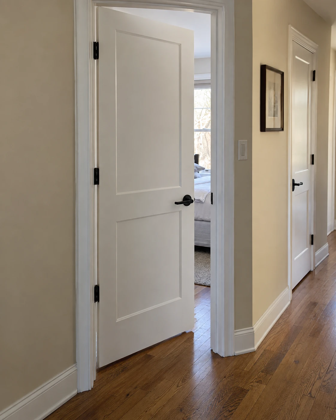 White two-panel interior doors with black hardware and neatly finished trim.