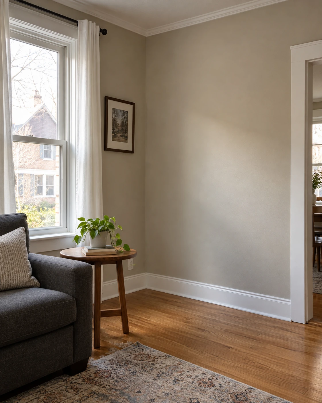 Warm greige walls, crisp white trim, and natural oak flooring in a sunlit room.