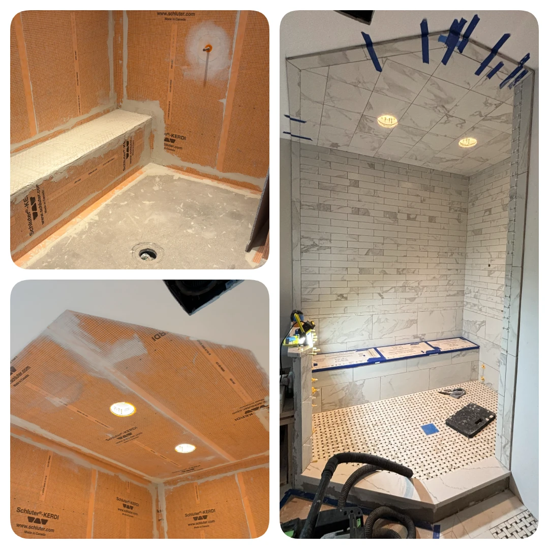 Shower construction collage showing waterproofing, marble tile, a built-in bench, and mosaic flooring