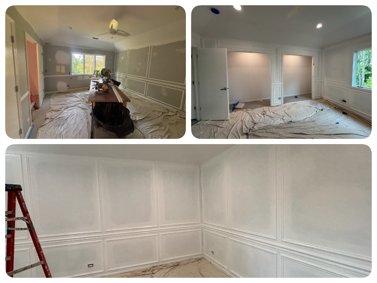 Decorative wall molding and room painting shown at different stages of the project